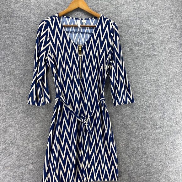 Tacera Dress Women S Small Blue Striped Sheath Short Zipper V-Neck Belted Casual - Picture 3 of 9